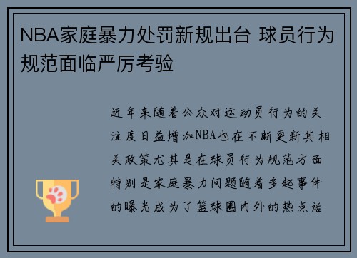 NBA家庭暴力处罚新规出台 球员行为规范面临严厉考验