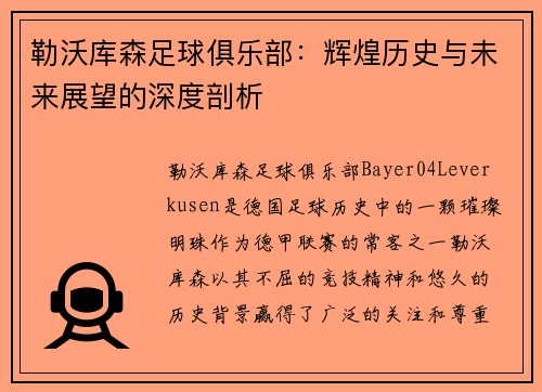 勒沃库森足球俱乐部：辉煌历史与未来展望的深度剖析