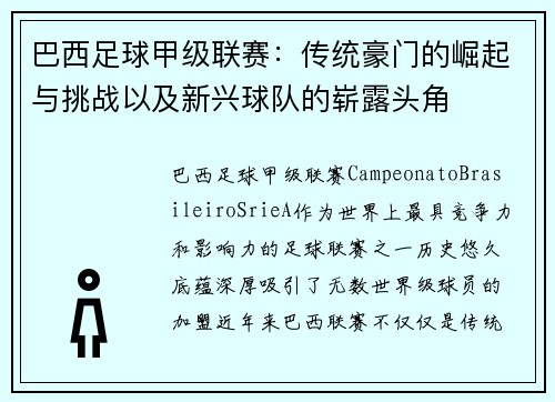 巴西足球甲级联赛：传统豪门的崛起与挑战以及新兴球队的崭露头角