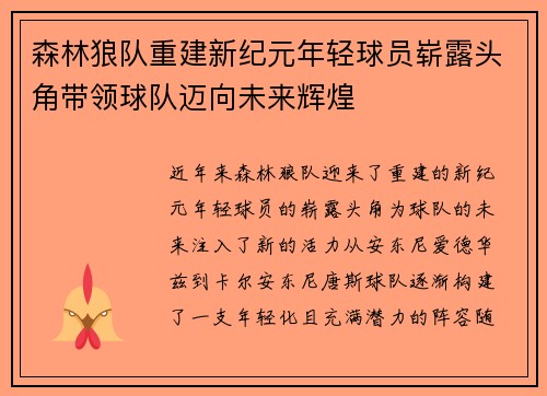 森林狼队重建新纪元年轻球员崭露头角带领球队迈向未来辉煌